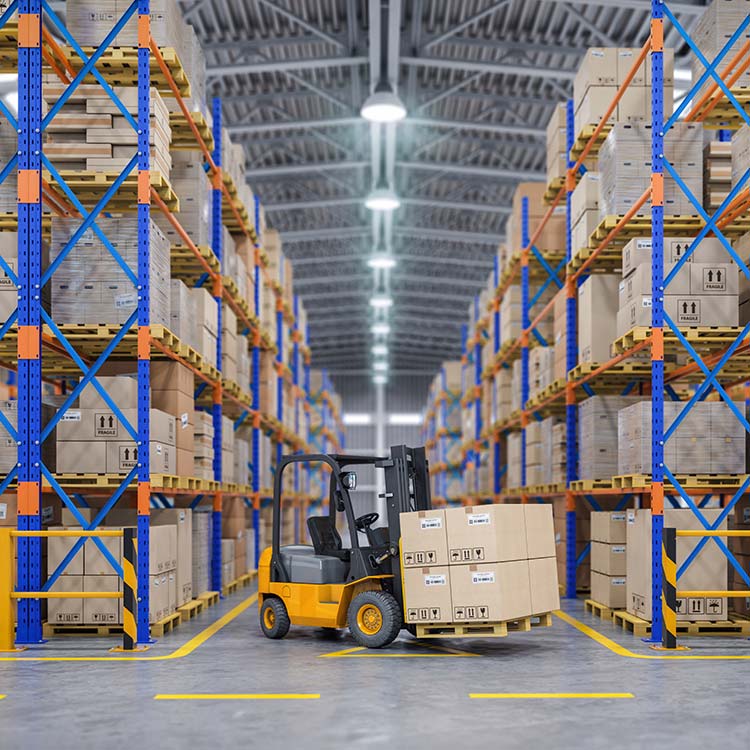 Forklift truck in warehouse or storage and shelves with cardboard boxes