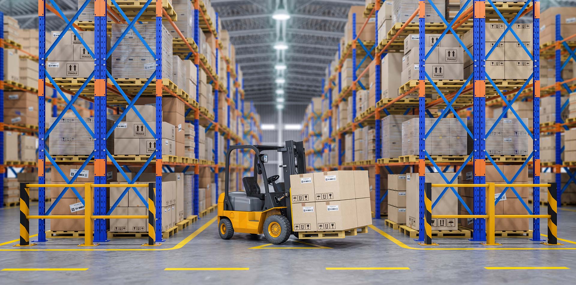 Forklift truck in warehouse or storage and shelves with cardboard boxes